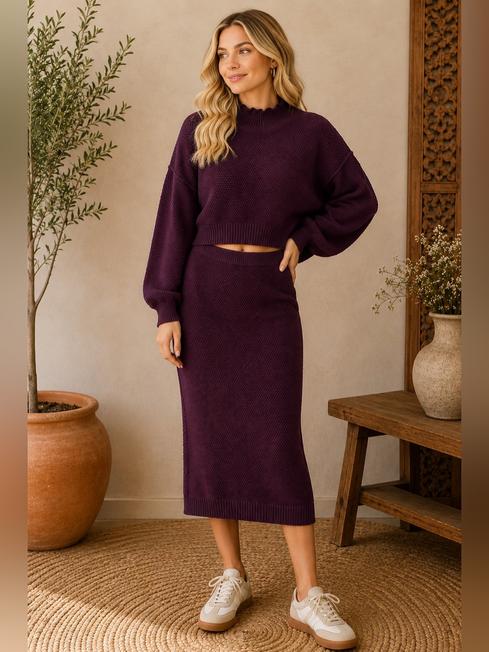 FP Beach Free People Cotton Knit Sweater & Midi Skirt Set Size L/G